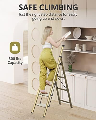 WOA WOA 5 Step Ladder, Ladders for Home, Anti-Slip Pedals, Aluminum Step Stool Foldable, Lightweight to Move, Ease of Storage, Reach 10ft for Closet Kitchen Library, Hold 300lbs - Gold - Image 2