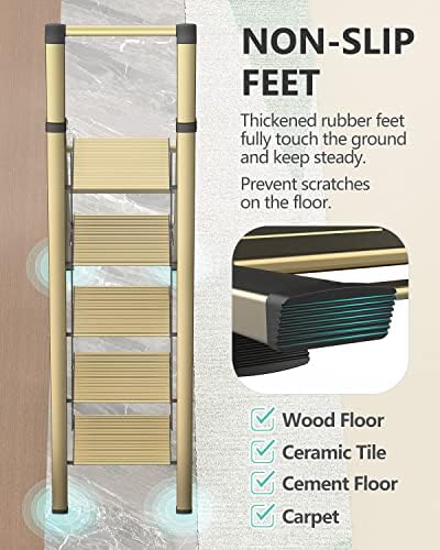 WOA WOA 5 Step Ladder, Ladders for Home, Anti-Slip Pedals, Aluminum Step Stool Foldable, Lightweight to Move, Ease of Storage, Reach 10ft for Closet Kitchen Library, Hold 300lbs - Gold - Image 5