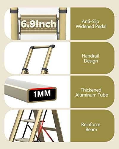 WOA WOA 5 Step Ladder, Ladders for Home, Anti-Slip Pedals, Aluminum Step Stool Foldable, Lightweight to Move, Ease of Storage, Reach 10ft for Closet Kitchen Library, Hold 300lbs - Gold - Image 6