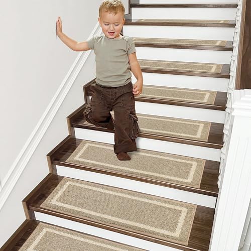 COSY HOMEER Soft Stair Treads Non-Slip Carpet Mat 28inX9in Indoor Stair Runners for Wooden Steps,Stair Rugs for Kids and Dogs, 100% Polyester TPE Backing 4pcs,Beige,Square - Image 2