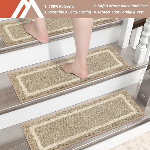 COSY HOMEER Soft Stair Treads Non-Slip Carpet Mat 28inX9in Indoor Stair Runners for Wooden Steps,Stair Rugs for Kids and Dogs, 100% Polyester TPE Backing 4pcs,Beige,Square - Image 6