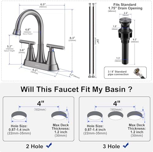 Bathroom Faucets for Sink 3 Hole, Hurran 4 inch Brushed Grey Bathroom Sink Faucet with Pop-up Drain and Supply Hoses, Stainless Steel Lead-Free Centerset Touch On Faucets for Vanity RV - Image 5