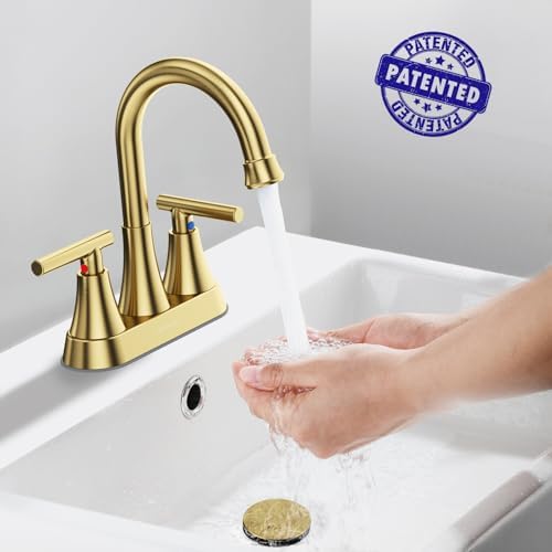 Bathroom Faucets for Sink 3 Hole, Hurran 4 inch Brushed Gold Bathroom Sink Faucet with Pop-up Drain and Supply Hoses, Stainless Steel Lead-Free Centerset Faucet for Vanity RV, 2 Pack - Image 3