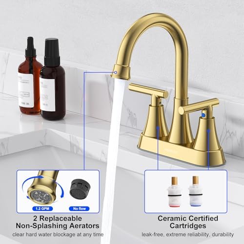 Bathroom Faucets for Sink 3 Hole, Hurran 4 inch Brushed Gold Bathroom Sink Faucet with Pop-up Drain and Supply Hoses, Stainless Steel Lead-Free Centerset Faucet for Vanity RV, 2 Pack - Image 5