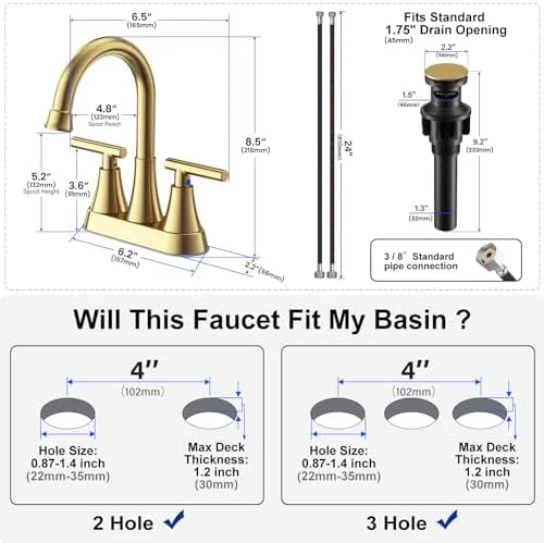 Bathroom Faucets for Sink 3 Hole, Hurran 4 inch Brushed Gold Bathroom Sink Faucet with Pop-up Drain and Supply Hoses, Stainless Steel Lead-Free Centerset Faucet for Vanity RV, 2 Pack - Image 6