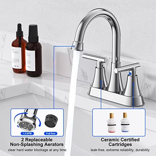Bathroom Faucets for Sink 3 Hole, Hurran 4 inch Chrome Bathroom Sink Faucet with Pop-up Drain and Supply Hoses, Stainless Steel Lead-Free Centerset Utility Faucet for Vanity RV, 2 Pack - Image 3