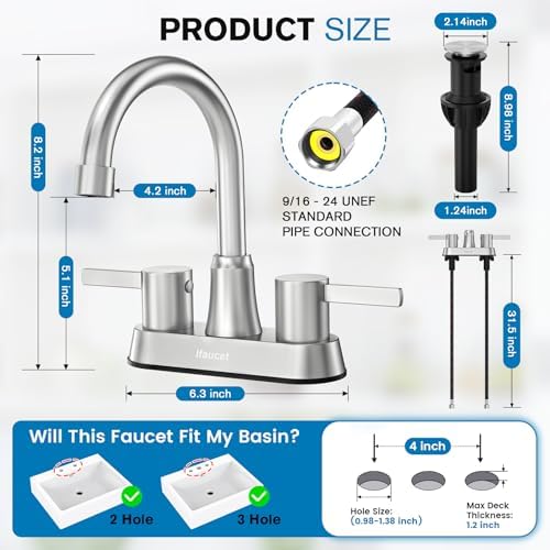 Bathroom Faucets, Bathroom Faucet 3 Hole, Bathroom Sink Faucet, Faucet for Sink 4 Inch 2 Handle Centerset, Lead-Free, with Copper Pop Up Drain (Brushed Nickel) - Image 2
