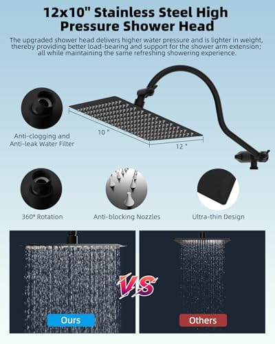 Hibbent 12'' All Metal Shower Head, High Pressure Rainfall Shower Head/Handheld Showerhead Combo/ 12'' Adjustable Curved Shower Extension Arm, 7-Spray, 71'' Hose, Showerhead Holder, Matte Black - Image 4