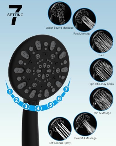 Hibbent 12'' All Metal Shower Head, High Pressure Rainfall Shower Head/Handheld Showerhead Combo/ 12'' Adjustable Curved Shower Extension Arm, 7-Spray, 71'' Hose, Showerhead Holder, Matte Black - Image 5
