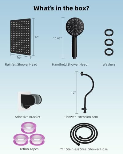Hibbent 12'' All Metal Shower Head, High Pressure Rainfall Shower Head/Handheld Showerhead Combo/ 12'' Adjustable Curved Shower Extension Arm, 7-Spray, 71'' Hose, Showerhead Holder, Matte Black - Image 7
