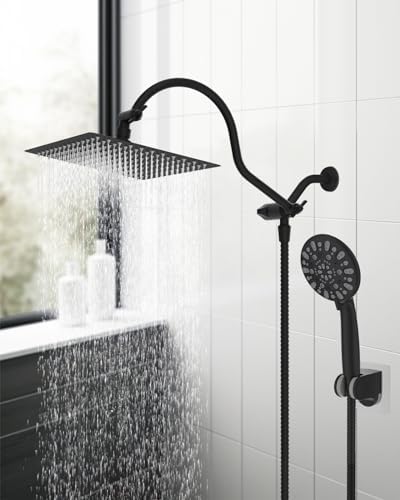 Hibbent 12'' All Metal Shower Head, High Pressure Rainfall Shower Head/Handheld Showerhead Combo/ 12'' Adjustable Curved Shower Extension Arm, 7-Spray, 71'' Hose, Showerhead Holder, Matte Black - Image 8