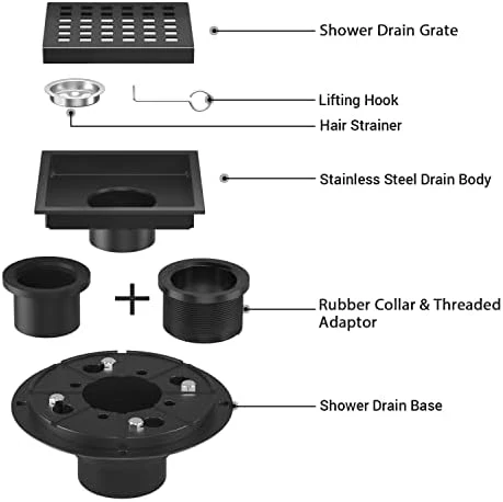 EXF Square Shower Drain 4-3/8 Inch Matte Black, Stainless Steel Shower Floor Drain Kit with ABS Flange, Removable Cover Grid Grate, Hair Strainer - Image 3