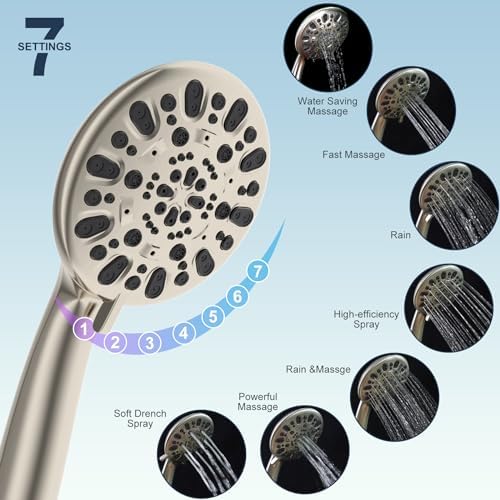 Hibbent All Metal Shower Head, 10'' High Pressure Rainfall Shower Head/Handheld Showerhead Combo/ 12'' Adjustable Curved Shower Extension Arm, 7-Spray, 71'' Hose, Showerhead Holder, Brushed Nickel - Image 5