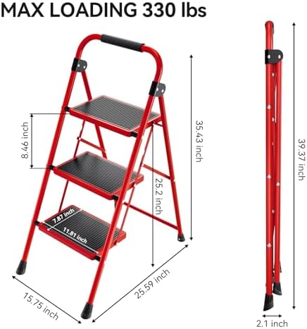 KINGRACK Step Ladder, 3 Step Ladder with with Anti-Slip and Wide Pedal,Portable Foldable Step Stool with Handgrip,Tall Sturdy Step Ladder for Home Kitchen Household,Red - Image 6