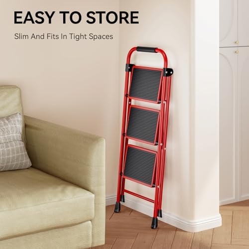 KINGRACK Step Ladder, 3 Step Ladder with with Anti-Slip and Wide Pedal,Portable Foldable Step Stool with Handgrip,Tall Sturdy Step Ladder for Home Kitchen Household,Red - Image 7