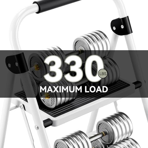 KINGRACK 2 Step Ladder, Folding Step Stool with Anti-Slip and Wide Pedal, Lightweight Stepladder with Handrails, Portable for Kitchen, Household, 330LBS, White - Image 3