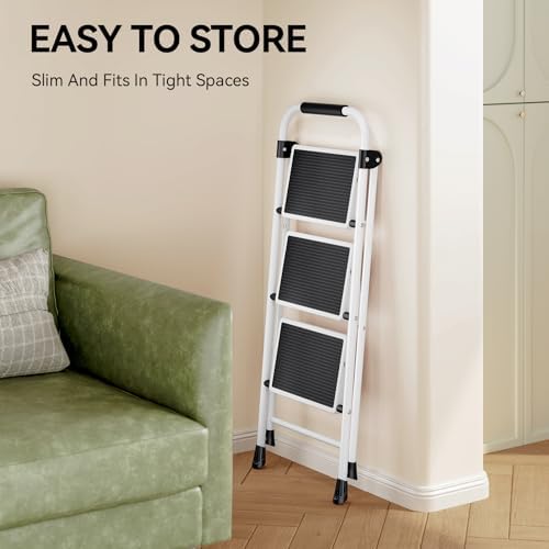 Step Ladder, Folding Step Stool with Wide Anti-Slip Pedal, Sturdy Steel Ladder, Convenient Handrail, Lightweight, Portable Steel Step Stool - Image 7