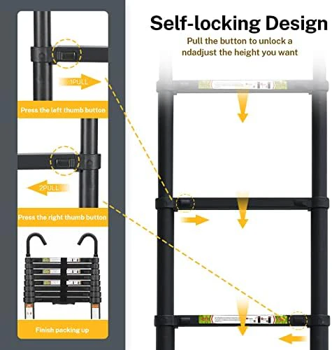 Telescopic Ladder, 8.5FT RIKADE Aluminum Telescoping Ladder with Non-Slip Feet and Stable Hook, Portable Extension Ladder for Household and Outdoor Working, 330lb Capacity Black - Image 5