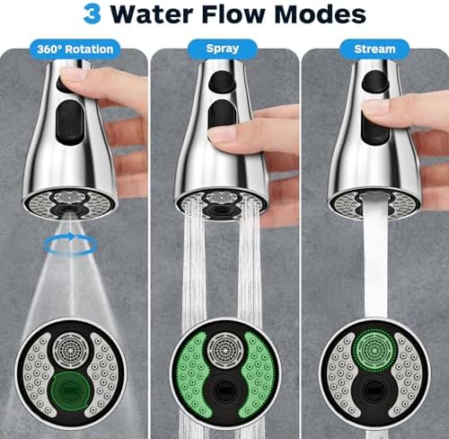 Kitchen Faucet Head Replacement 3 Modes with 12 Adapters, Pull Down Spray Head for Kitchen Faucet, Kitchen Sink Faucet Head G 1/2, Sprayer Head Replacement, Chrome - Image 2