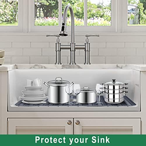 Silicone Sink Protectors for Kitchen Sink, GUUKIN 26''x 14'' Sink Mat Grid for Bottom of Farmhouse Stainless Steel Porcelain Sink with Center Drain (Grey) - Image 2