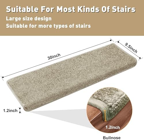 PURE ERA Bullnose Carpet Stair Treads Set Tape Free Non-Slip Indoor Stair Protectors Pet Friendly Rugs Covers Soft Skid Resistant Washable Reusable 9.5" x 30"(14 Pieces,Cream Gray) - Image 3