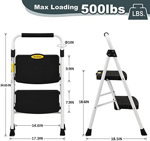 SocTone 2 Step Ladder, Folding Step Stool for Adults with Handle, Lightweight, Perfect for Kitchen& Household, 500lbs Capacity Sturdy Steel Ladder, White - Image 6