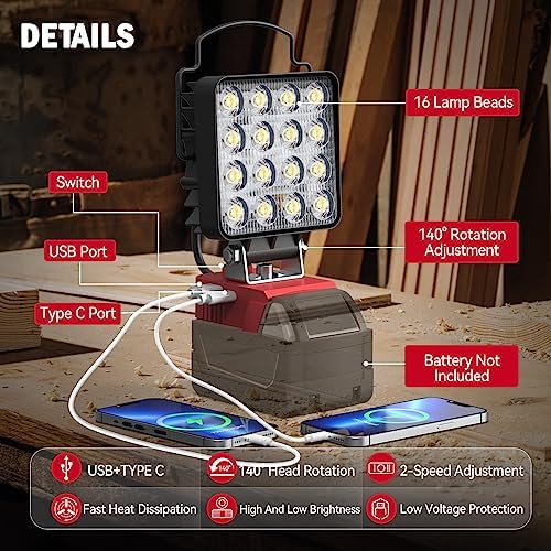 Upgrade LED Work Light for Milwaukee Battery: Ecarke 70W 7000LM for Milwaukee Lights for m18 USB Light 18V Battery Flashlight with Low Voltage Protection for Working in a Dark Environment - Image 4