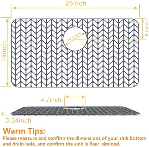 Sink Protectors for Kitchen Sink 16x12 & 18x12 & 19x13 & 24x12.5 & 26x14 & 28x14 & 29x15,Silicone Kitchen Sink mats Protector for Bottom of Farmhouse Sink(26"x14"Rear Drain Gray) - Image 2