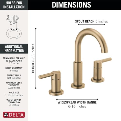 Delta Nicoli Brushed Gold Faucet 3 Hole, 8 Inch Widespread Bathroom Sink Faucet for Vanity, Push-Pop Drain Assembly, Champagne Bronze 35749LF-CZ - Image 5