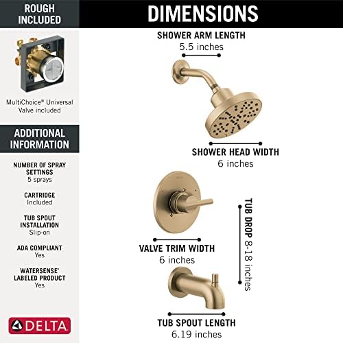 Delta Faucet Nicoli 14 Series Single-Handle Tub and Shower Trim Kit, Shower Faucet with 5-Spray H2Okinetic Shower Head, Champagne Bronze 144749-CZ (Shower Valve Included) - Image 4