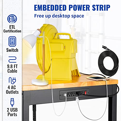 VEVOR 60" Adjustable Workbench, Heavay Duty Workstation 2000 LBS Load Capacity, with Power Outlets & Rubber Wood Top & Metal Frame & Foot Pads, for Workshop Office Home Garage - Image 4