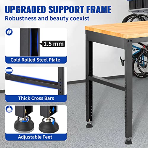 VEVOR 60" Adjustable Workbench, Heavay Duty Workstation 2000 LBS Load Capacity, with Power Outlets & Rubber Wood Top & Metal Frame & Foot Pads, for Workshop Office Home Garage - Image 6