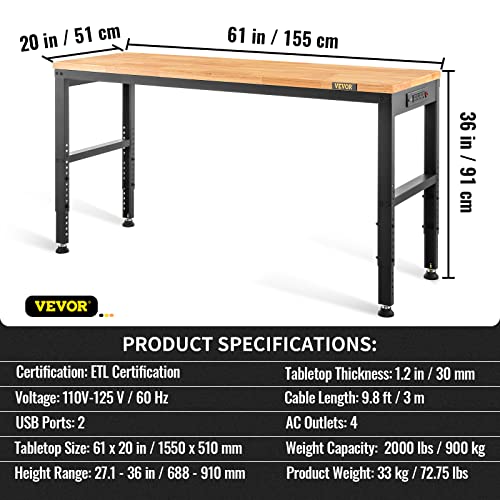 VEVOR 60" Adjustable Workbench, Heavay Duty Workstation 2000 LBS Load Capacity, with Power Outlets & Rubber Wood Top & Metal Frame & Foot Pads, for Workshop Office Home Garage - Image 7