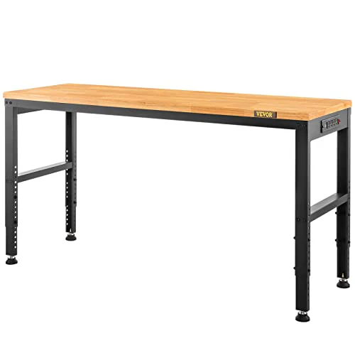 VEVOR 60" Adjustable Workbench, Heavay Duty Workstation 2000 LBS Load Capacity, with Power Outlets & Rubber Wood Top & Metal Frame & Foot Pads, for Workshop Office Home Garage - Image 8