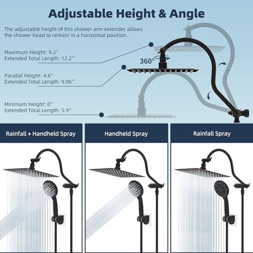 Hibbent All Metal Shower Head, 10'' High Pressure Rainfall Shower Head/Handheld Showerhead Combo with 12'' Adjustable Curved Shower Extension Arm, 7-Spray, 71'' Hose, Shower Holder, Oil Rubbed Bronze - Image 6