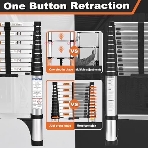 Soctone Telescoping Ladder, 10.5 FT Button Retraction Aluminum Extension Ladder with 2 Triangle Stabilizers, Multi-Purpose Ladder with Slow Down Design, 330lbs Max Capacity for House Daily Life - Image 3