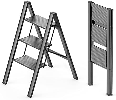 WOA WOA 3 Step Ladder, Foldable Step Stool, Aluminum Lightweight Ladder for Home Kitchen Closet, Anti-Slip Pedals, Ease of Folding, Portable, 300lbs Capacity - Black