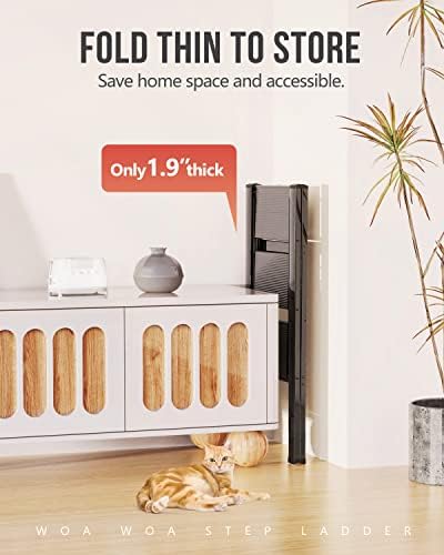 WOA WOA 3 Step Ladder, Foldable Step Stool, Aluminum Lightweight Ladder for Home Kitchen Closet, Anti-Slip Pedals, Ease of Folding, Portable, 300lbs Capacity - Black - Image 4