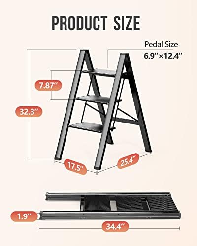 WOA WOA 3 Step Ladder, Foldable Step Stool, Aluminum Lightweight Ladder for Home Kitchen Closet, Anti-Slip Pedals, Ease of Folding, Portable, 300lbs Capacity - Black - Image 6
