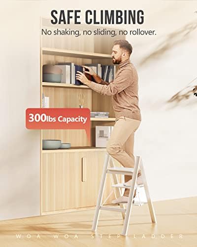 WOA WOA 3 Step Ladder, Foldable Step Stool, Aluminum Lightweight Ladder for Home Kitchen Closet, Anti-Slip Pedals, Ease of Folding, Portable, 300lbs Capacity - White - Image 2