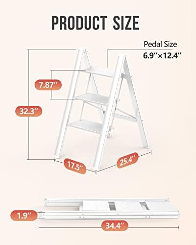 WOA WOA 3 Step Ladder, Foldable Step Stool, Aluminum Lightweight Ladder for Home Kitchen Closet, Anti-Slip Pedals, Ease of Folding, Portable, 300lbs Capacity - White - Image 4