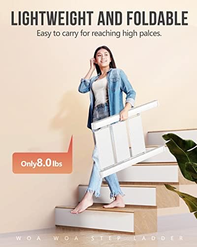 WOA WOA 3 Step Ladder, Foldable Step Stool, Aluminum Lightweight Ladder for Home Kitchen Closet, Anti-Slip Pedals, Ease of Folding, Portable, 300lbs Capacity - White - Image 5