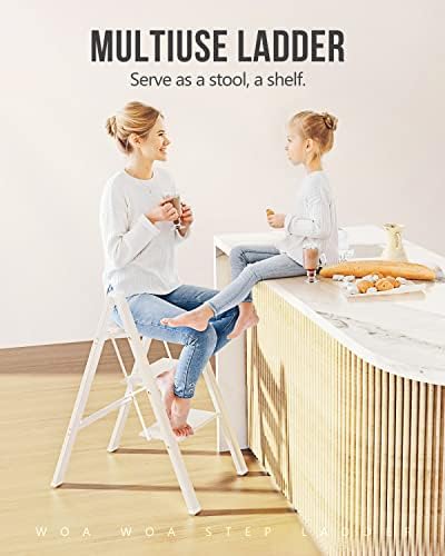 WOA WOA 3 Step Ladder, Foldable Step Stool, Aluminum Lightweight Ladder for Home Kitchen Closet, Anti-Slip Pedals, Ease of Folding, Portable, 300lbs Capacity - White - Image 7