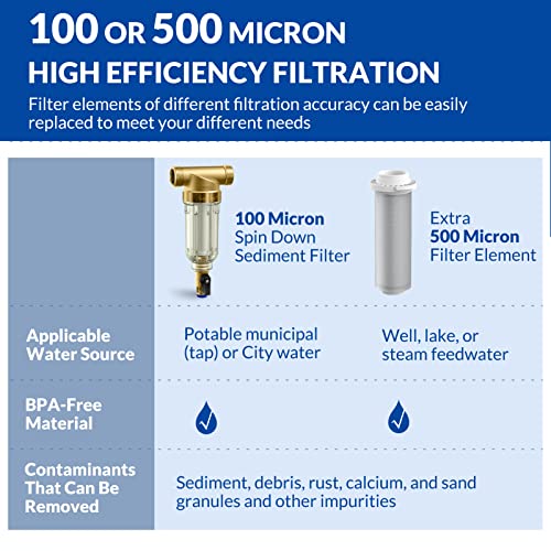 SimPure 100/500 Micron Spin Down Sediment Filter, Reusable Whole House Sediment Water Filter, Pre-Filtration System for City/Well Water, 1" MNPT + 3/4" FNPT + 3/4" MNPT, BPA Free - Image 2