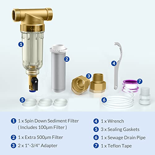 SimPure 100/500 Micron Spin Down Sediment Filter, Reusable Whole House Sediment Water Filter, Pre-Filtration System for City/Well Water, 1" MNPT + 3/4" FNPT + 3/4" MNPT, BPA Free - Image 7