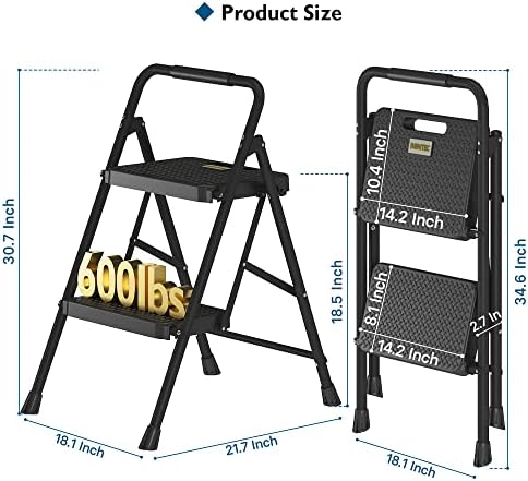 BONTEC 2-Step Ladder, Folding Step Stool, 600lbs Max Load Capacity, Sturdy Steel, Non-Slip Pedals, Lightweight, Portable Steel Ladder with Convenient Handrail, Safety Design for Home & Work, Black - Image 5