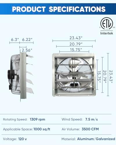 KEN BROWN 20 Inch Shutter Exhaust Fan With 1.65 Meters Power Cord Wall Mounted, High Speed 3500CFM, Vent Fan For Garages And Shops, Greenhouse,Attic Ventilation - Image 2