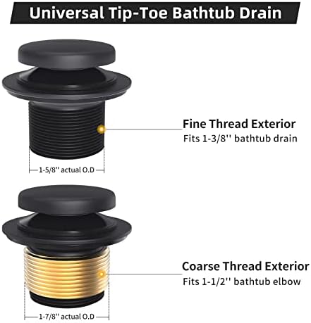 Matte Black Bath Tub Drain and Overflow Kit, Universal All Metal Tip-Toe Bathtub Drain Replacement Kit with Fine/Coarse Thread - Image 4