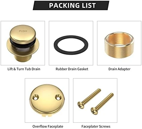 All Metal Tip-Toe Bathtub Drain Kit with Two-Hole Overflow Faceplate and Universal Fine/Coarse Thread Assembly, Bath Tub Drain Kit fits All Bathtub -Brushed Gold - Image 5