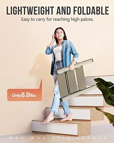 WOA WOA 3 Step Ladder, Foldable Step Stool, Aluminum Lightweight Ladder for Home Kitchen Closet, Anti-Slip Pedals, Ease of Folding, Portable, 300lbs Capacity - Gold - Image 2